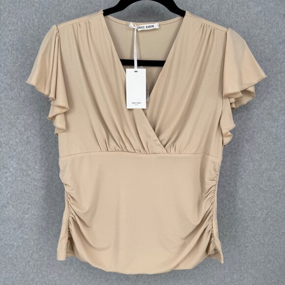 Grace Karin Womens Flutter Sleeve Surplice Blouse Top Size XL Tan Office NEW - Picture 1 of 13
